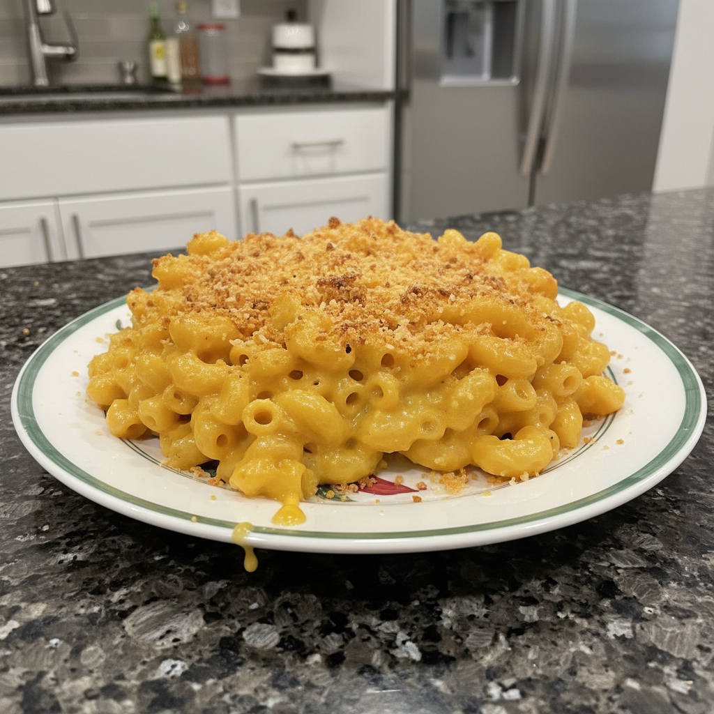 A festive bowl of creamy Christmas mac and cheese recipe, garnished with fresh herbs and a sprinkle of cranberries.