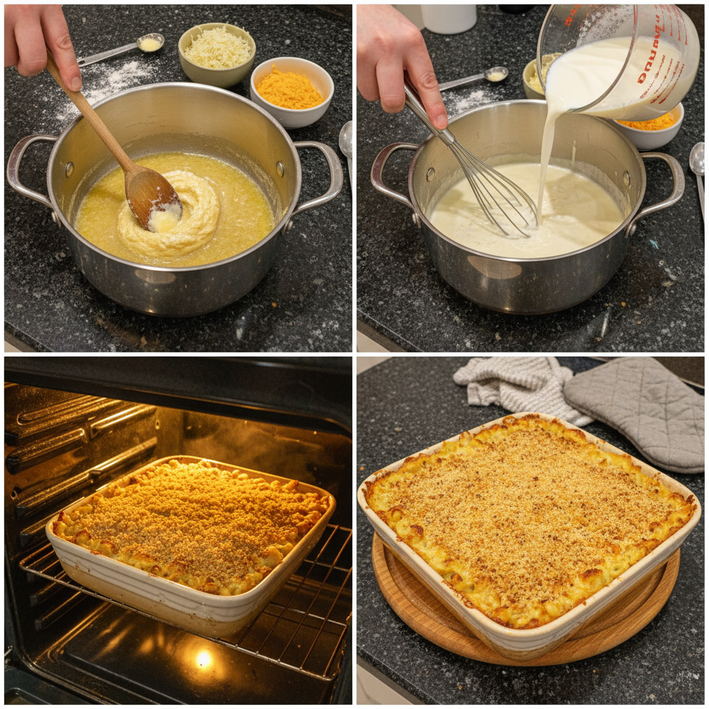 christmas-mac-and-cheese-recipe-prep-step A close-up of cheesy pasta being stirred in a skillet during the preparation of a Christmas mac and cheese recipe.