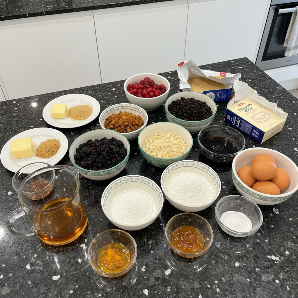 christmas-mary-berry-cake-recipe-ingredients An array of dry fruits, spices, flour, and spirits laid out for a Christmas Mary Berry cake recipe, ready for mixing.