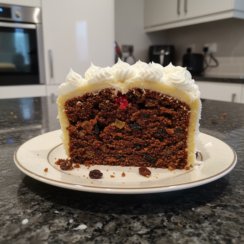 A beautifully decorated Christmas Mary Berry cake recipe, glistening with marzipan and royal icing, ready for serving.
