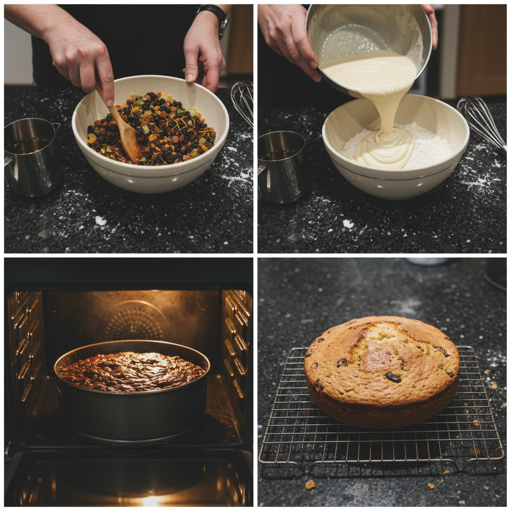christmas-mary-berry-cake-recipe-prep-mixing Hands mixing soaked fruit into a rich batter, a key step in the Christmas Mary Berry cake recipe preparation.