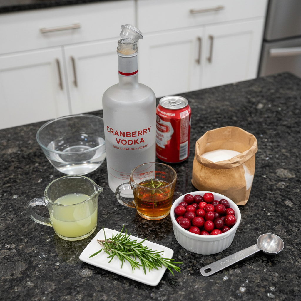 christmas-moscow-mule-recipe-ingredients Ingredients for a Christmas Moscow Mule recipe: vodka, ginger beer, lime, cranberries, and rosemary, neatly arranged on a counter.