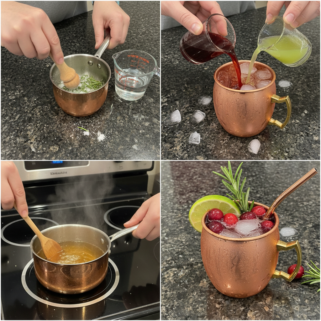 christmas-moscow-mule-recipe-prep A person is carefully muddling cranberries and lime for a Christmas Moscow Mule recipe in a copper mug, showing the preparation step.
