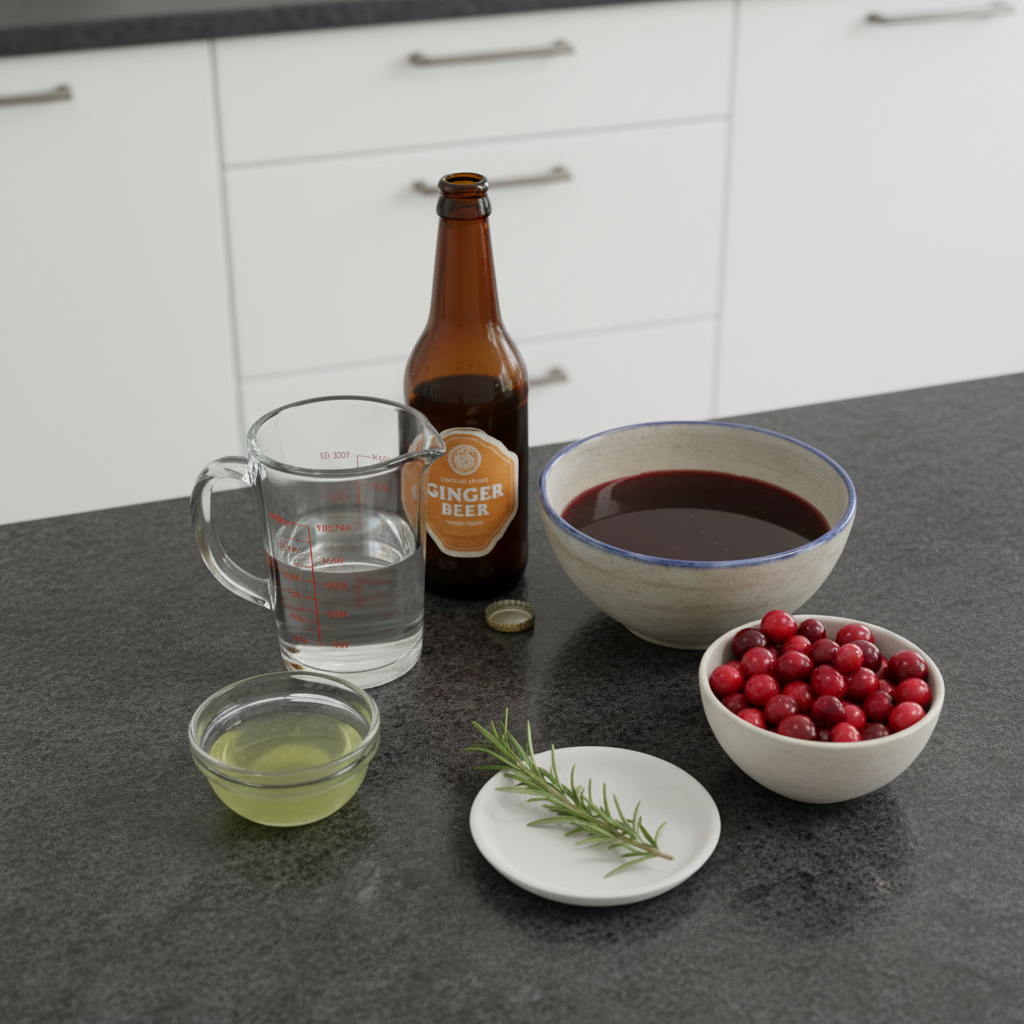 christmas-mule-recipe-ingredients-flat-lay A flat lay of fresh ingredients for a delicious Christmas mule recipe, including ginger beer, cranberries, and lime.