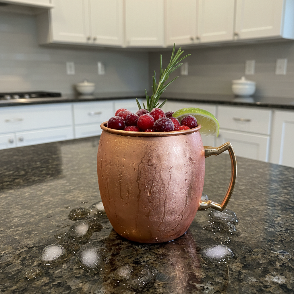 A beautifully garnished Christmas mule recipe served in a copper mug with cranberries and rosemary sprigs.