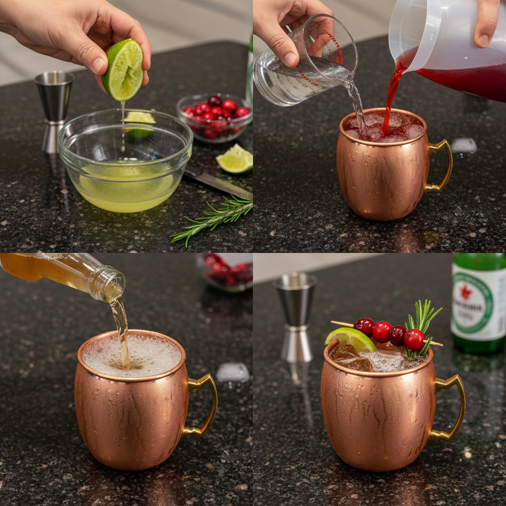 christmas-mule-recipe-prep-mixing-lime Hands squeezing fresh lime into a copper mug during the preparation of a Christmas mule recipe.