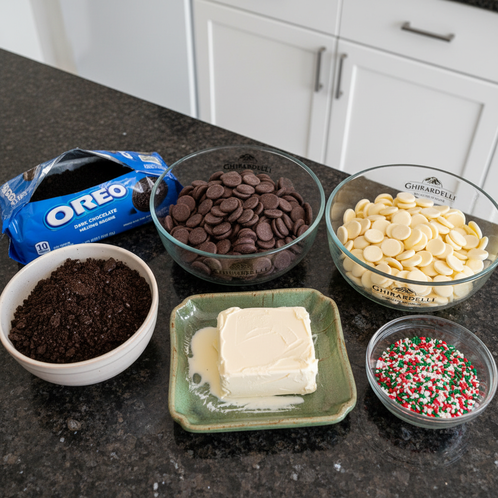 christmas-oreo-balls-recipe-ingredients All necessary ingredients for the Christmas Oreo balls recipe laid out, including Oreos, cream cheese, and chocolate.