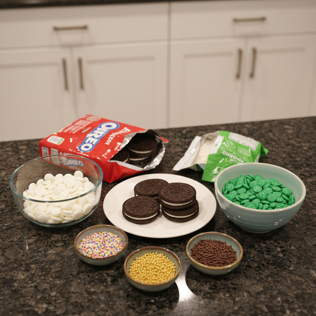 christmas-oreo-cookies-recipe-ingredients A flat lay of all ingredients for christmas oreo cookies recipe: Oreos, white chocolate melting wafers, and festive sprinkles.