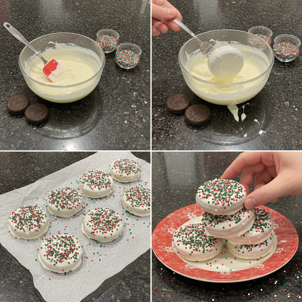 christmas-oreo-cookies-recipe-prep Hands dipping an Oreo cookie into a bowl of melted white chocolate, a key step for christmas oreo cookies recipe.