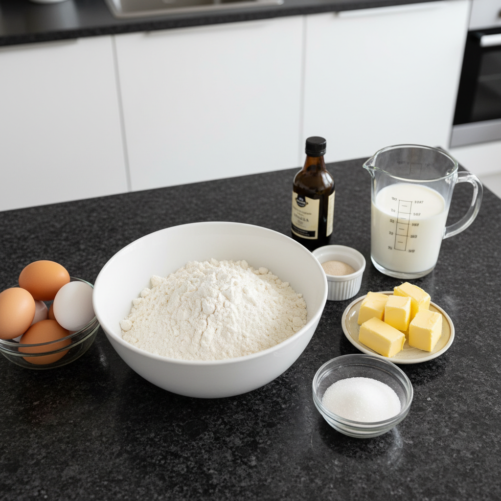 christmas-pandoro-recipe-ingredients Various fresh ingredients laid out for a delicious Christmas pandoro recipe, including flour, eggs, butter, and sugar.