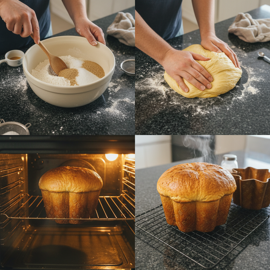 christmas-pandoro-recipe-prep-kneading-dough Enriched dough being carefully kneaded by hand, a crucial step for a fluffy Christmas pandoro recipe.