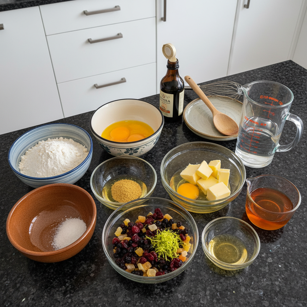 christmas-panettone-recipe-ingredients Fresh eggs, flour, butter, yeast, and candied fruit, laid out for a homemade Christmas panettone recipe.