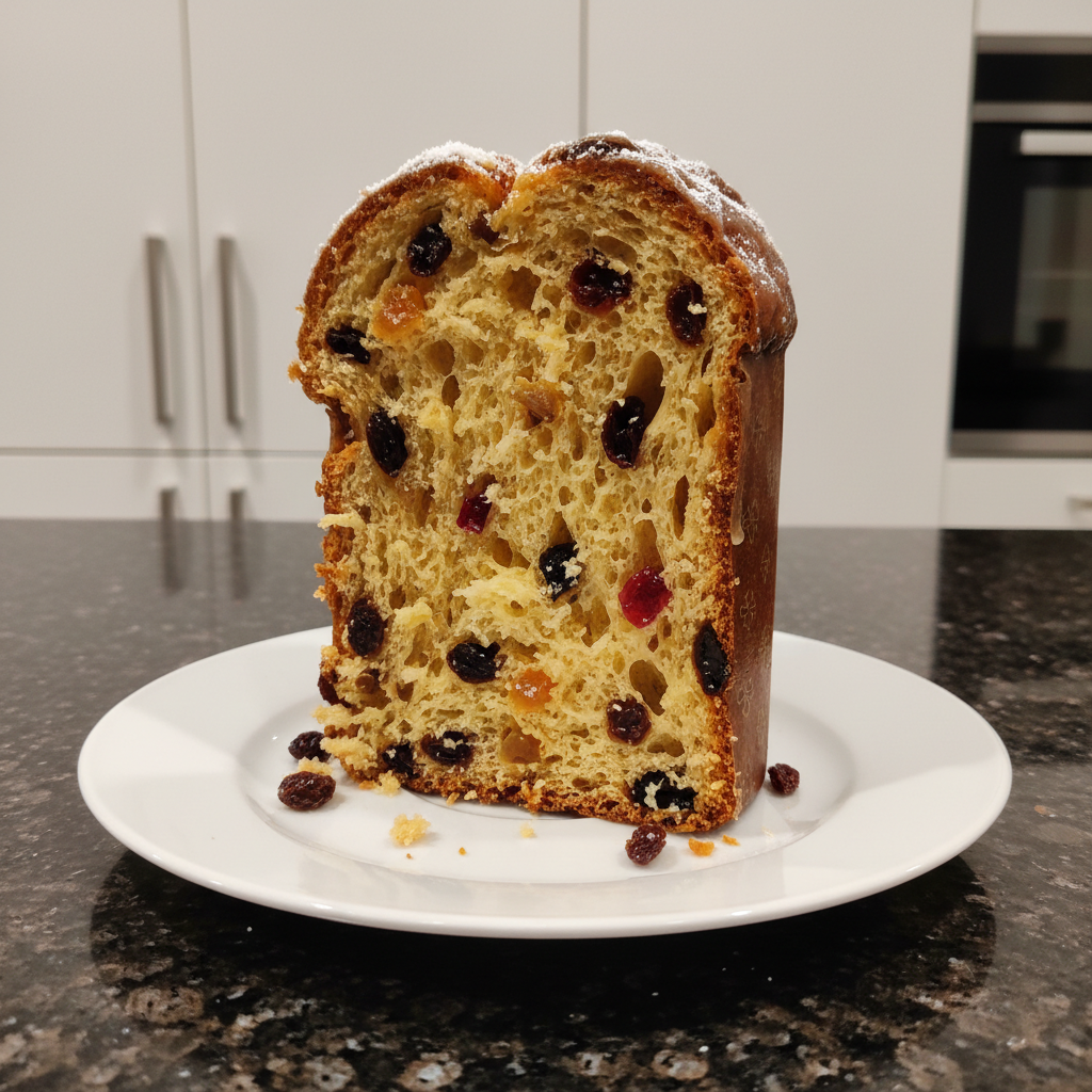 A beautifully golden, domed Christmas panettone recipe, studded with candied fruit, cooling on a wire rack.