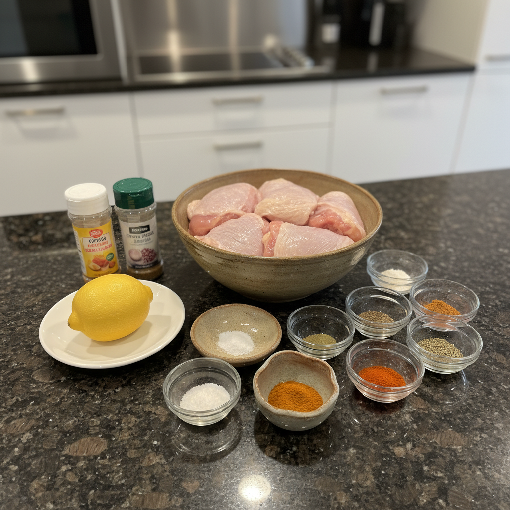 Fresh chicken thighs, garlic, herbs, and spices laid out for making Air Fryer Chicken Thighs.