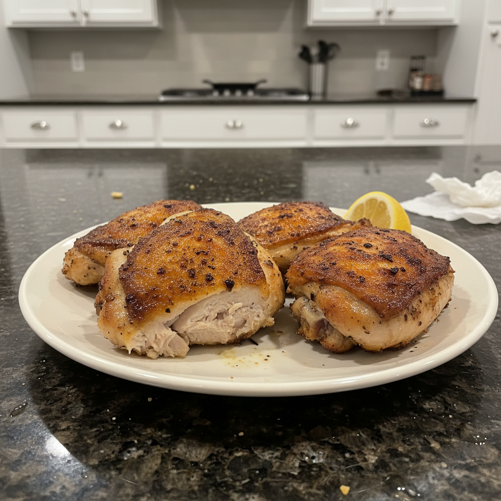 Crispy, golden Air Fryer Chicken Thighs garnished with fresh herbs, ready to serve.