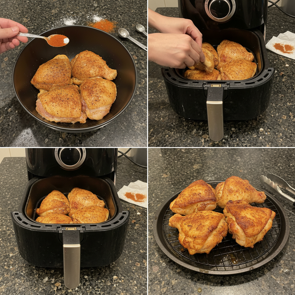 Seasoning raw chicken thighs with spices, a crucial step before cooking delicious Air Fryer Chicken Thighs.