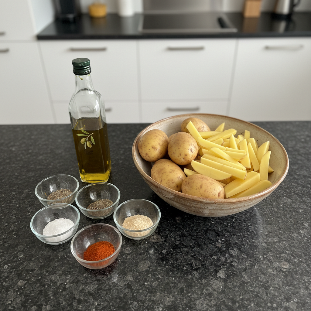 air-fryer-french-fries-ingredients Raw russet potatoes, oil, salt, and pepper laid out for making air fryer french fries.