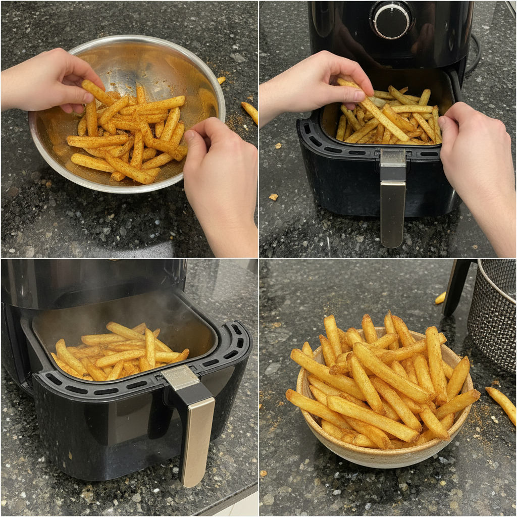air-fryer-french-fries-prep Sliced russet potatoes being loaded into an air fryer basket for making air fryer french fries.