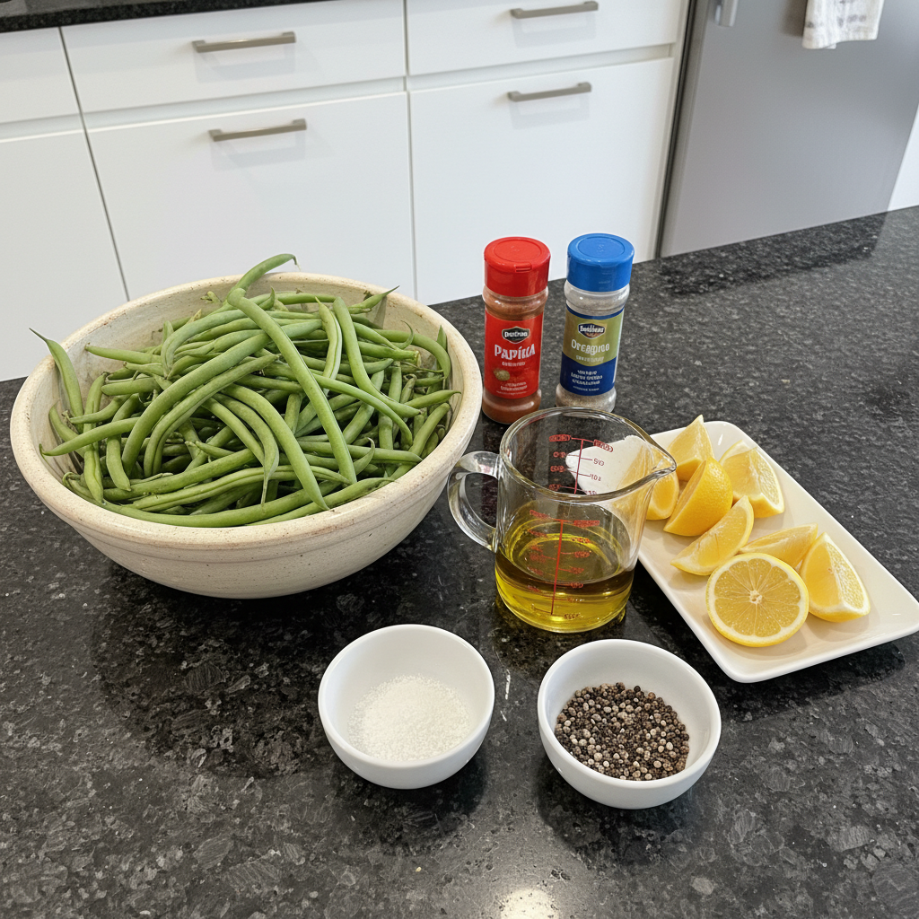 air-fryer-green-beans-ingredients Fresh green beans, garlic cloves, olive oil, salt, and pepper laid out as ingredients for air fryer green beans.