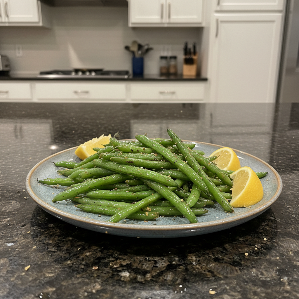 A close-up of crispy, perfectly roasted air fryer green beans seasoned with garlic and pepper.