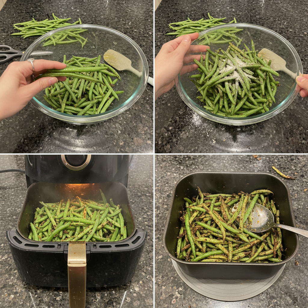 air-fryer-green-beans-prep Seasoned green beans being tossed with olive oil in a bowl, ready to be transferred to the air fryer.