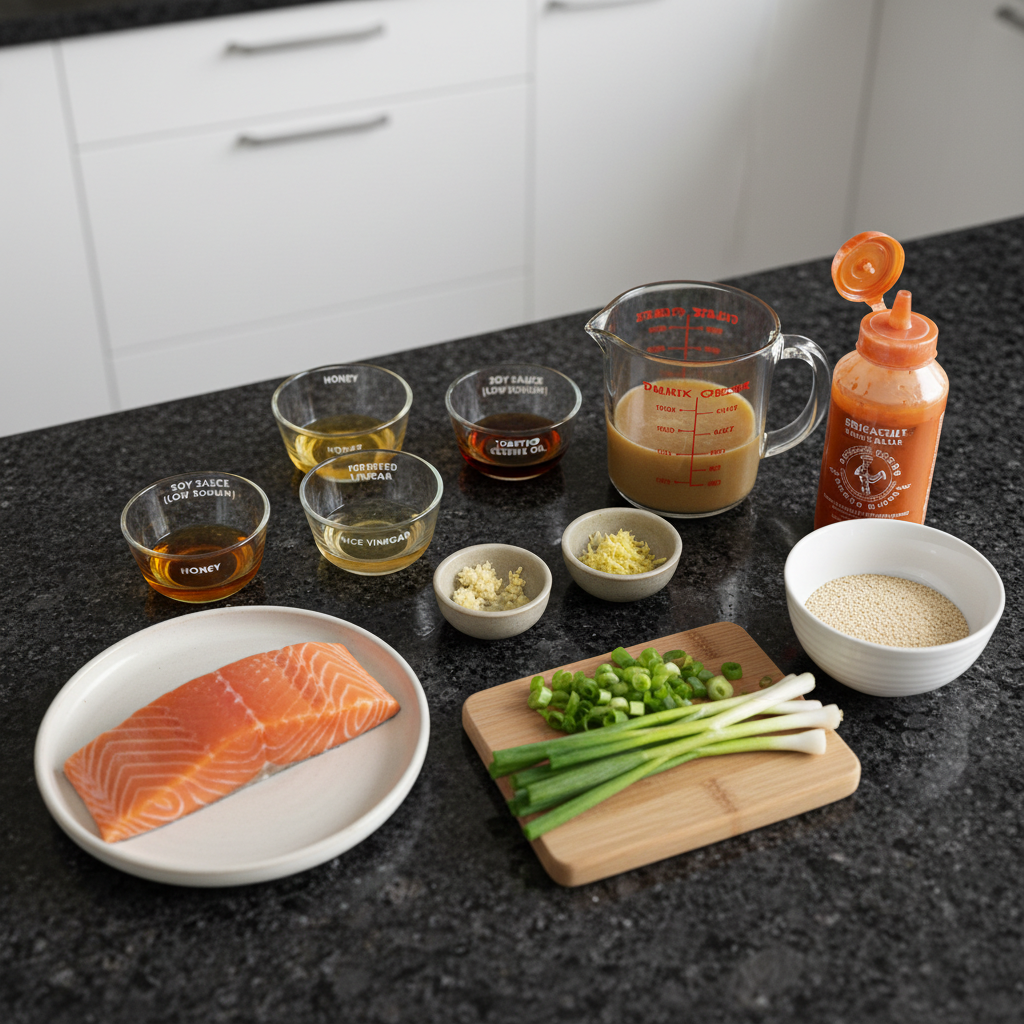 air-fryer-salmon-bites-ingredients Fresh salmon fillets, lemon, and spices laid out for making air fryer salmon bites, ready for preparation.