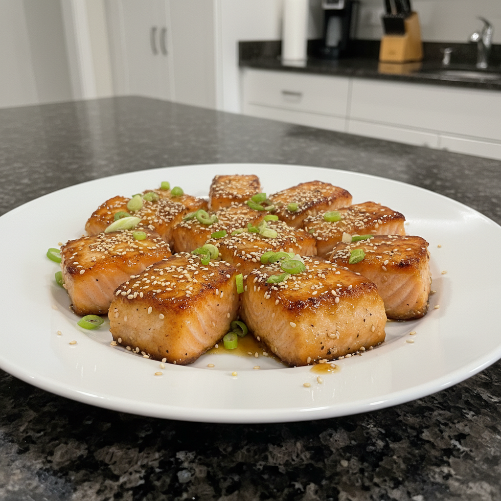 Delicious air fryer salmon bites, perfectly golden and flaky, served with a fresh lemon wedge on a rustic plate.
