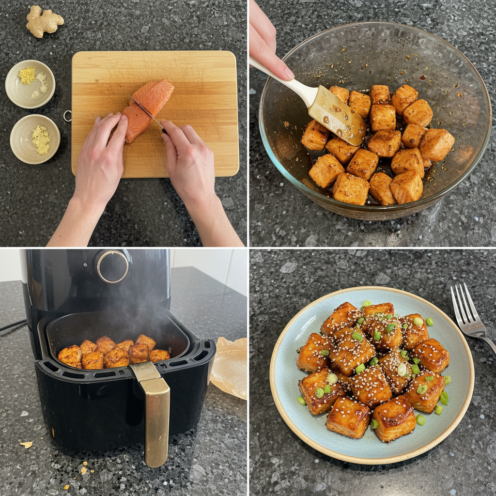 air-fryer-salmon-bites-prep-step Cubed salmon tossed with seasoning, ready to be placed in the air fryer for crispy salmon bites.