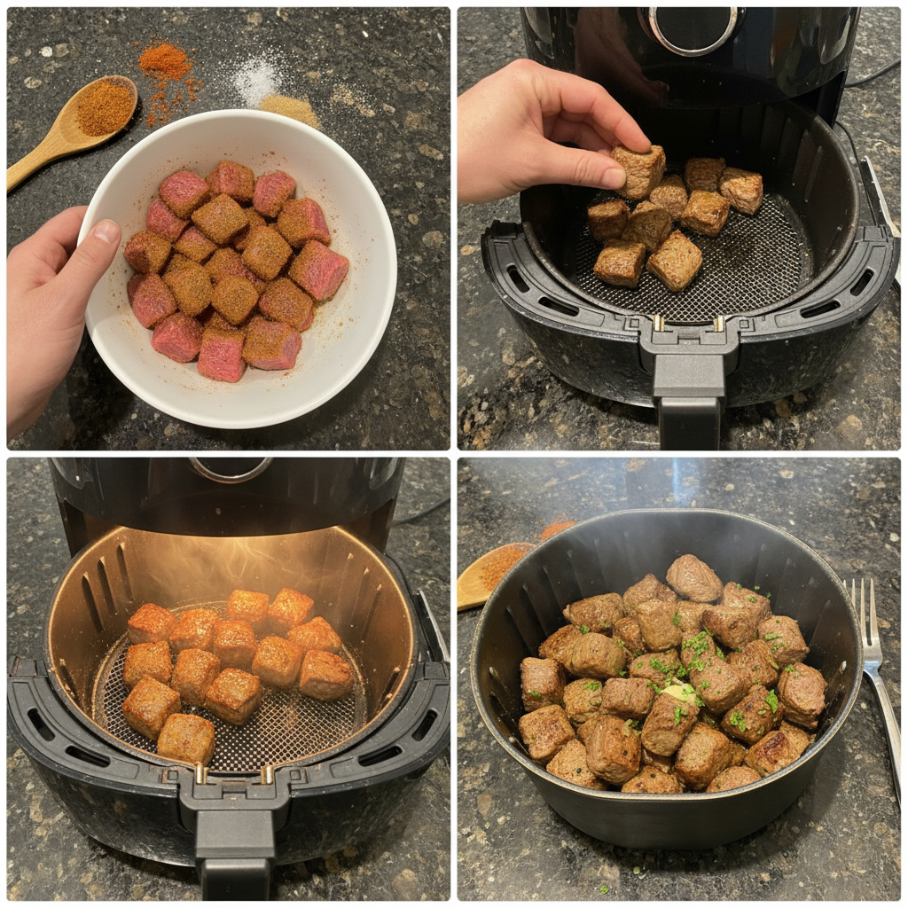air-fryer-steak-bites-preparation Marinated steak pieces sizzling inside an air fryer basket, cooking to perfection for air fryer steak bites.
