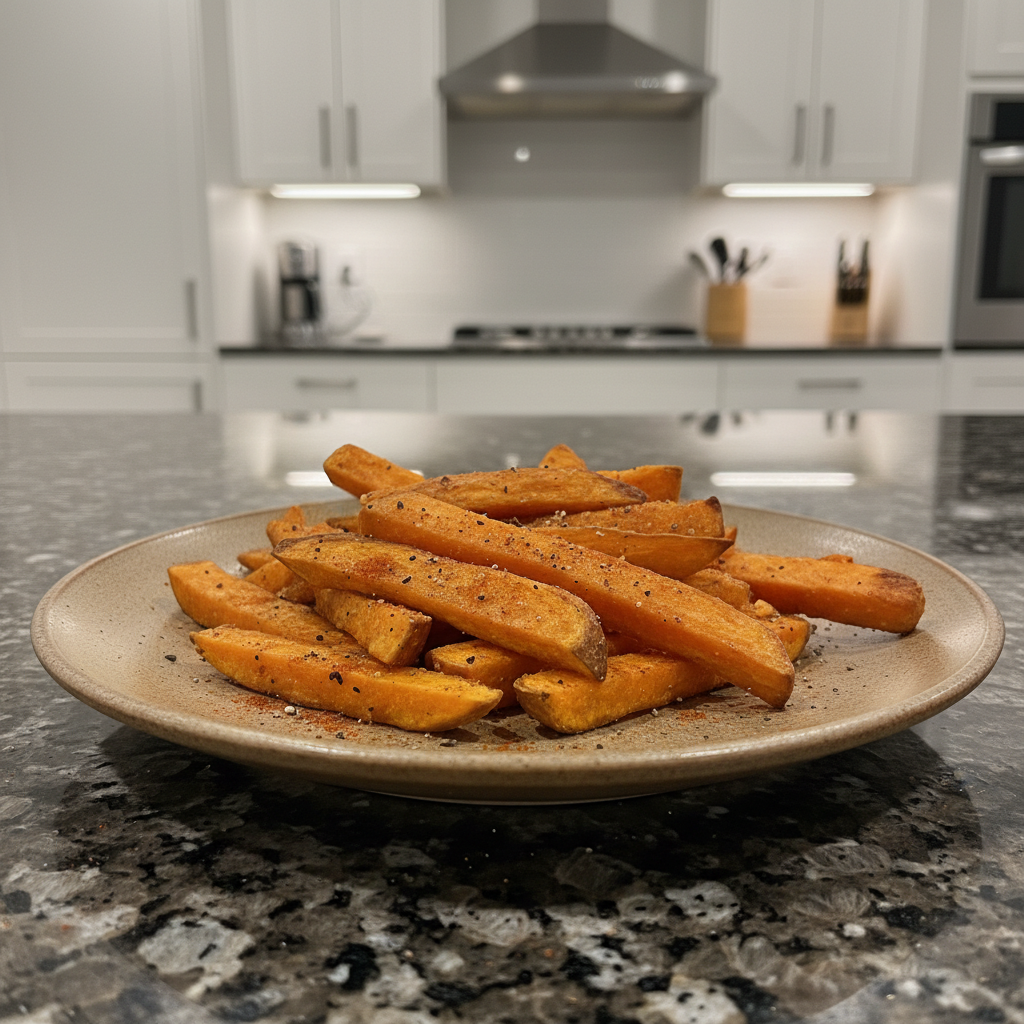 A close-up of crispy, golden air fryer sweet potato fries perfectly seasoned and ready to eat.