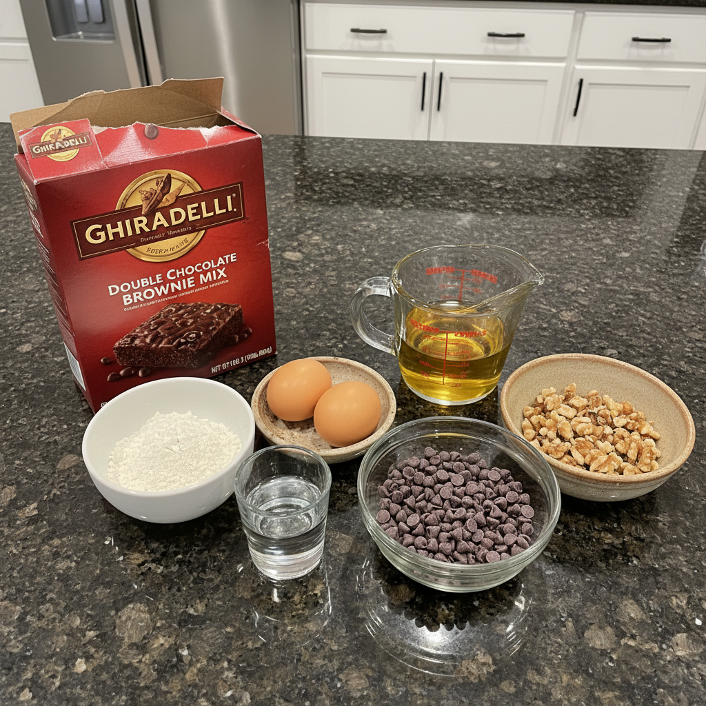 brownie-cookies-from-mix-boxes-ingredients Essential ingredients like a brownie mix box, eggs, and oil laid out for making brownie cookies from mix boxes.