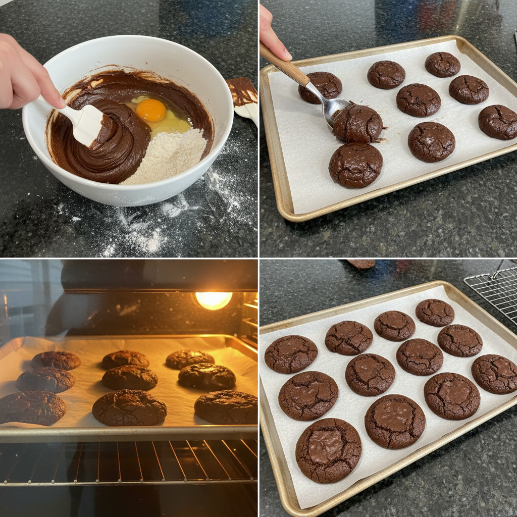 brownie-cookies-from-mix-boxes-prep A bowl of thick, glossy batter being scooped onto a baking sheet, ready to become delicious brownie cookies from mix boxes.