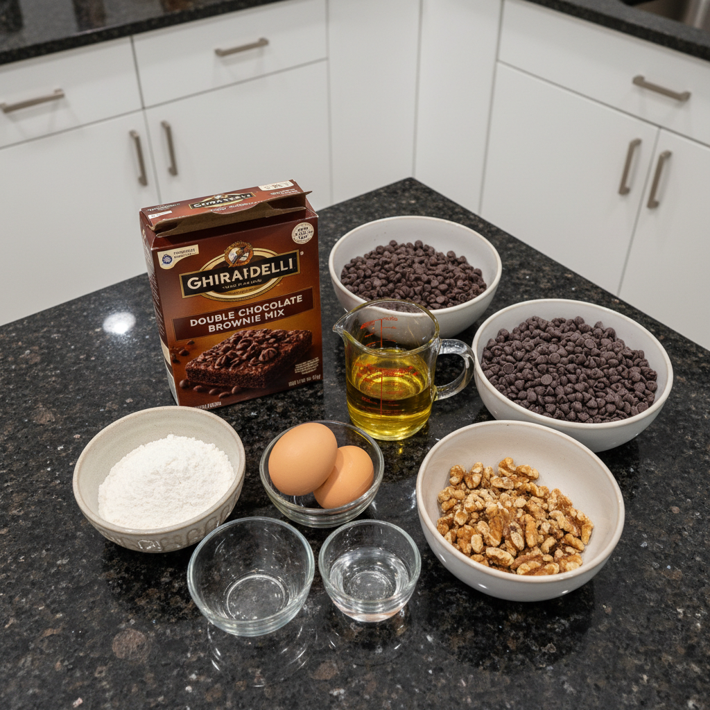 brownie-mix-cookies-ingredients Essential ingredients for making brownie mix cookies, including a box of brownie mix, eggs, oil, and chocolate chips laid out.