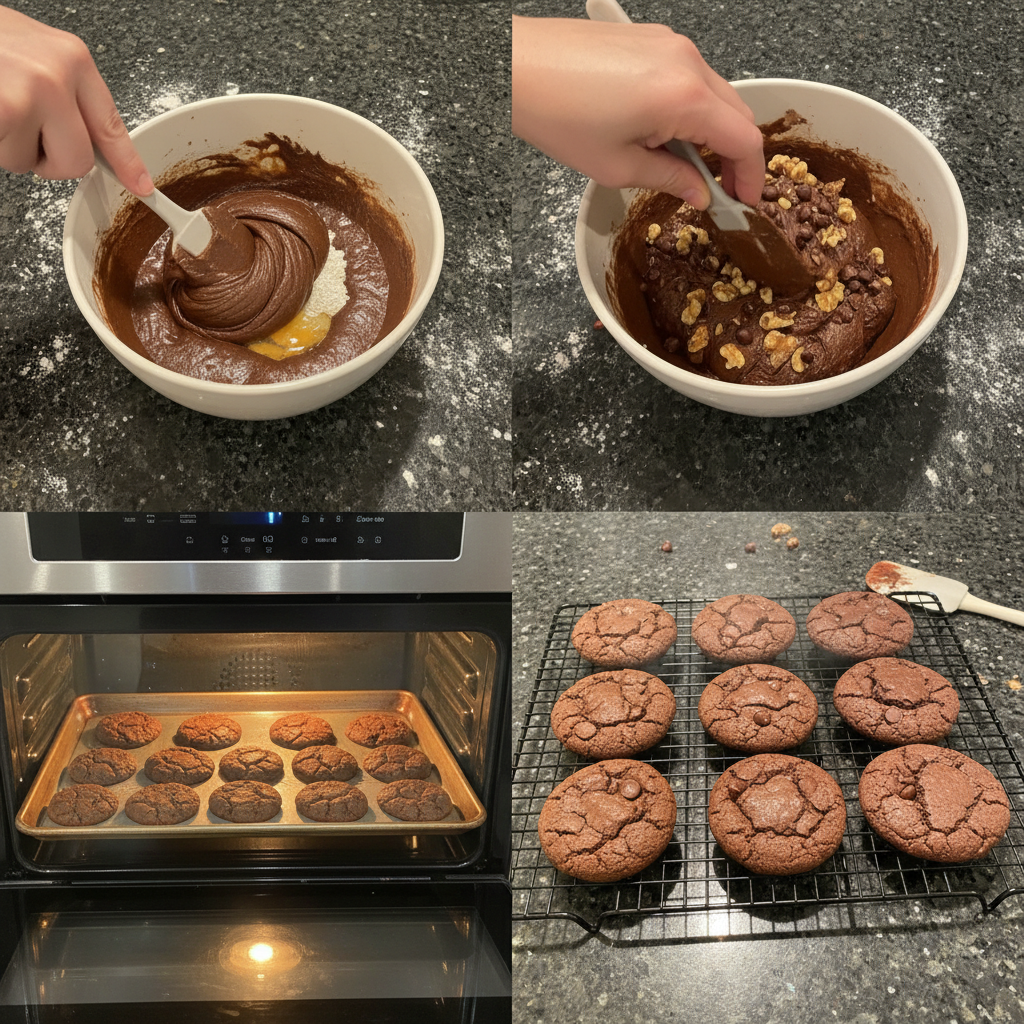 brownie-mix-cookies-prep-stage Hands scooping rich, dark brownie mix cookie dough onto a parchment-lined baking sheet, ready for the oven.