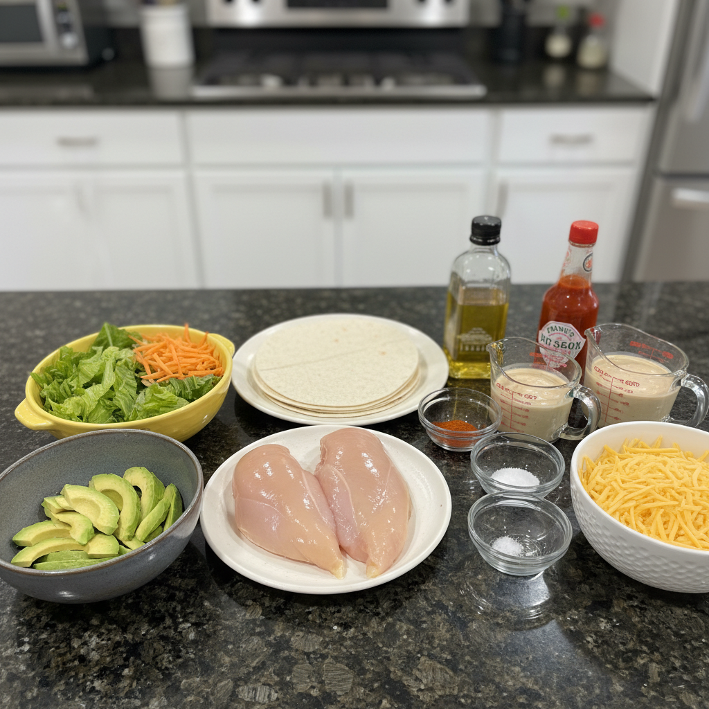 buffalo-chicken-wraps-ingredients Fresh ingredients for buffalo chicken wraps, including grilled chicken, buffalo sauce, tortillas, lettuce, and blue cheese crumbles, laid out on a cutting board.