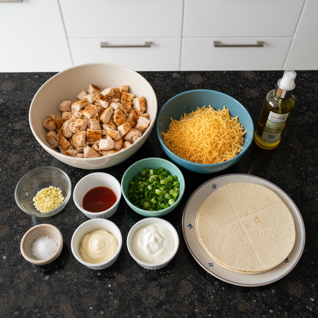 cheesy-garlic-chicken-wraps-ingredients Fresh ingredients laid out on a wooden board for cheesy garlic chicken wraps, including chicken, tortillas, garlic, and cheese.