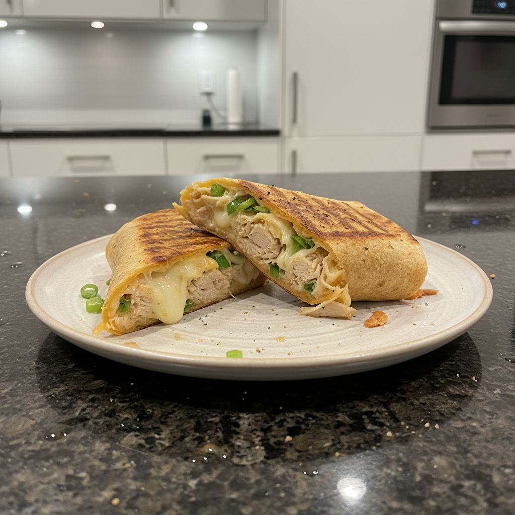 A close-up of a golden-brown cheesy garlic chicken wrap, cut in half, revealing gooey cheese and succulent chicken.