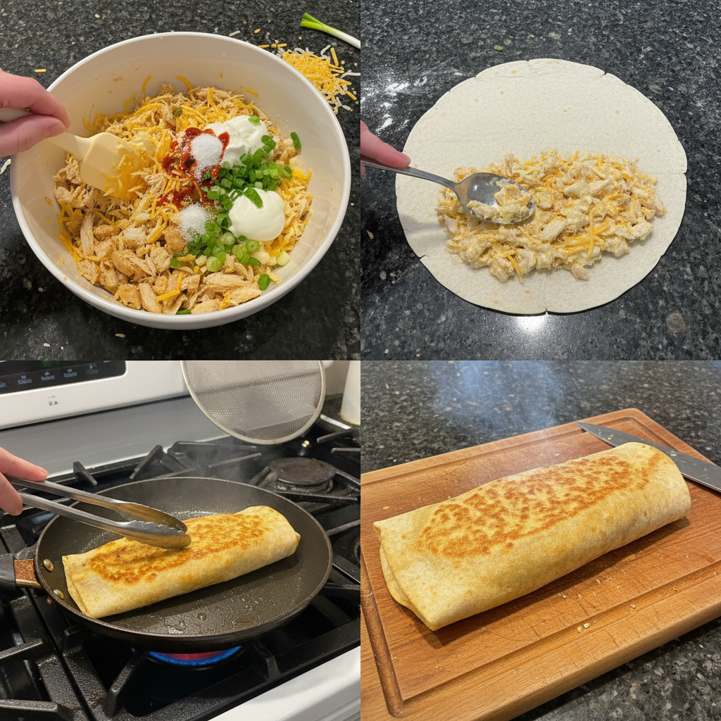 cheesy-garlic-chicken-wraps-prep-step Hands assembling a cheesy garlic chicken wrap on a cutting board, with grilled chicken, cheese, and garlic sauce.