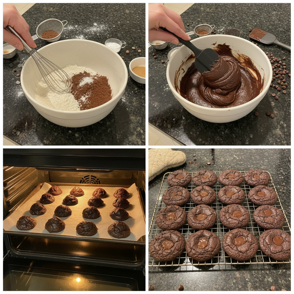 chocolate-brownie-cookies-prep-stage Scoops of glossy chocolate brownie cookie dough dropped onto a parchment-lined baking sheet, ready for the oven.