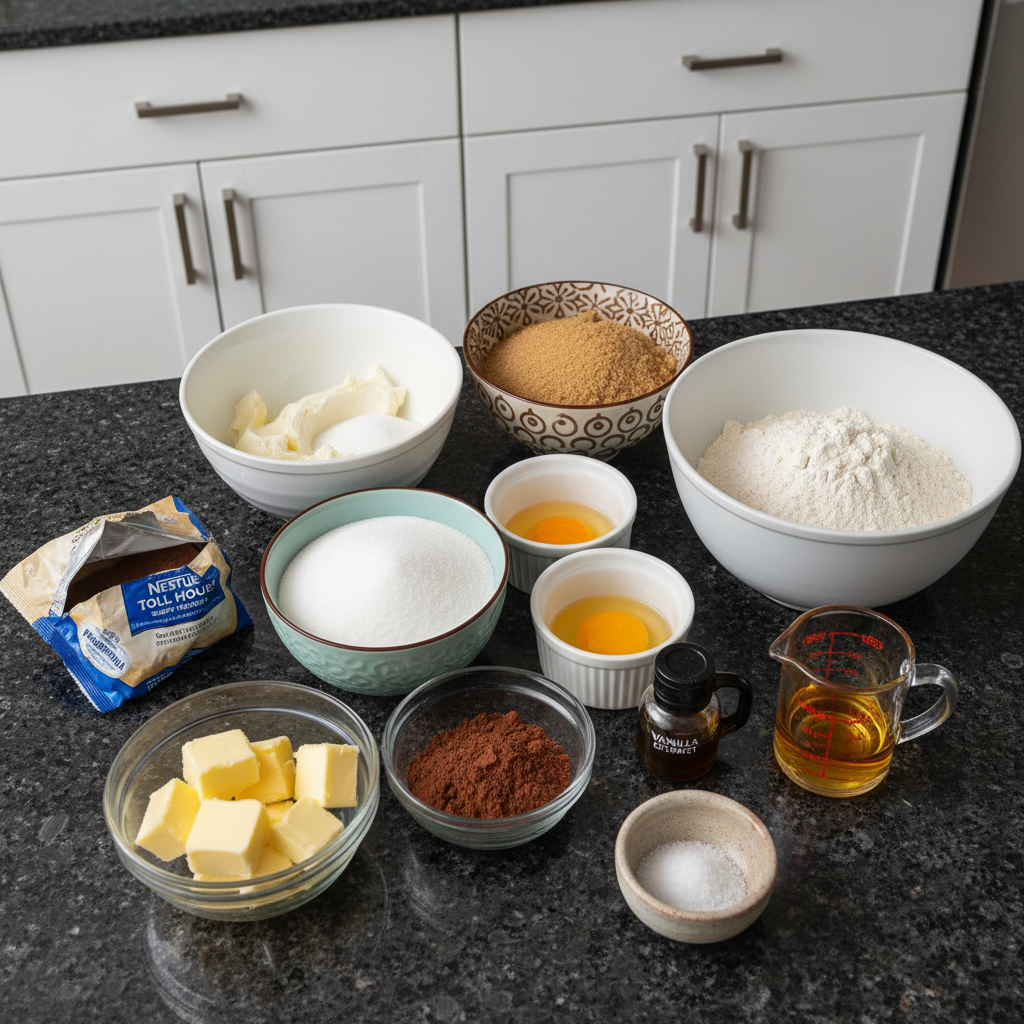 cream-cheese-brownies-ingredients A flat lay showing all fresh ingredients laid out for making delicious cream cheese brownies, including chocolate, cream cheese, flour, and eggs.