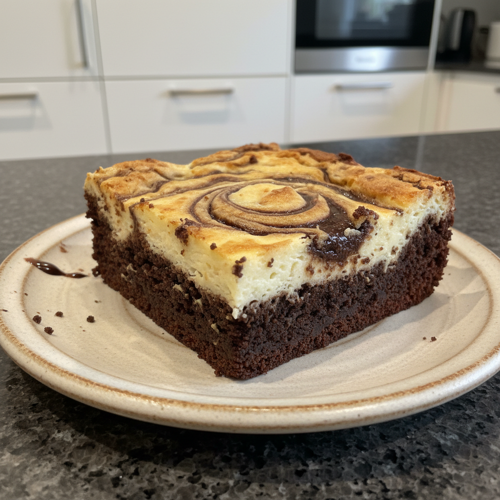 A close-up shot of decadent swirl cream cheese brownies, showing the rich chocolate and creamy white layers.