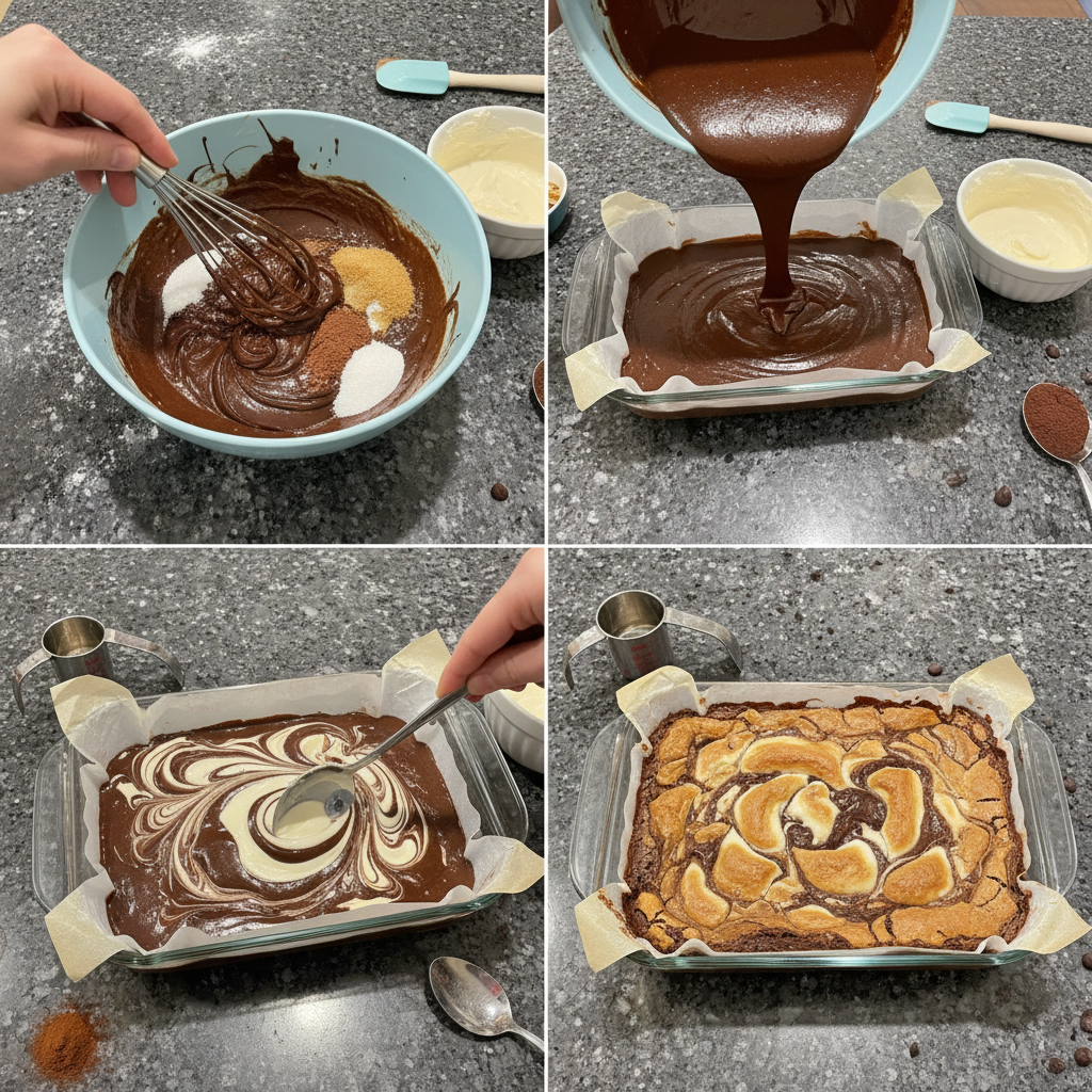 cream-cheese-brownies-prep-swirl Hands carefully swirling cream cheese batter into the chocolate brownie mix in a baking pan, preparing to bake cream cheese brownies.