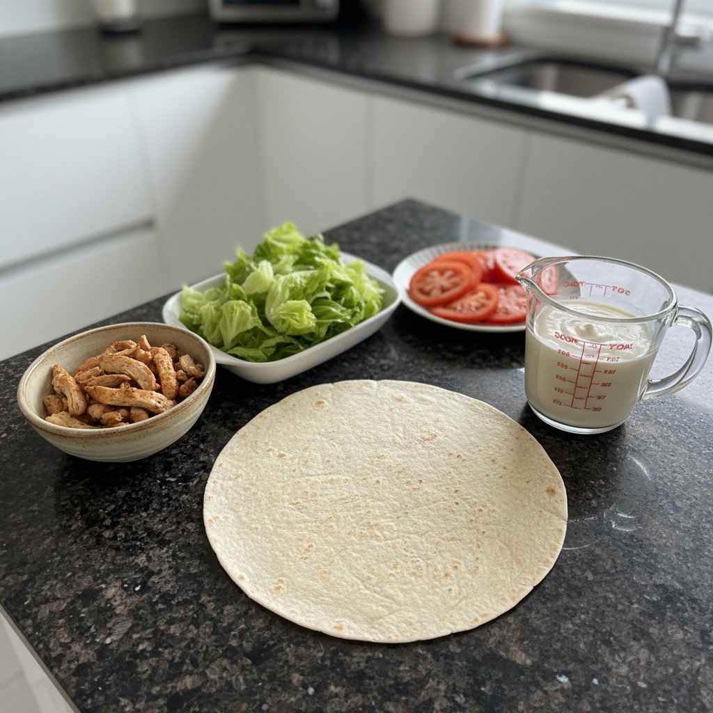 crispy-chicken-wraps-ingredients Fresh ingredients for crispy chicken wraps, including sliced chicken, tortillas, lettuce, and sauces, neatly arranged.