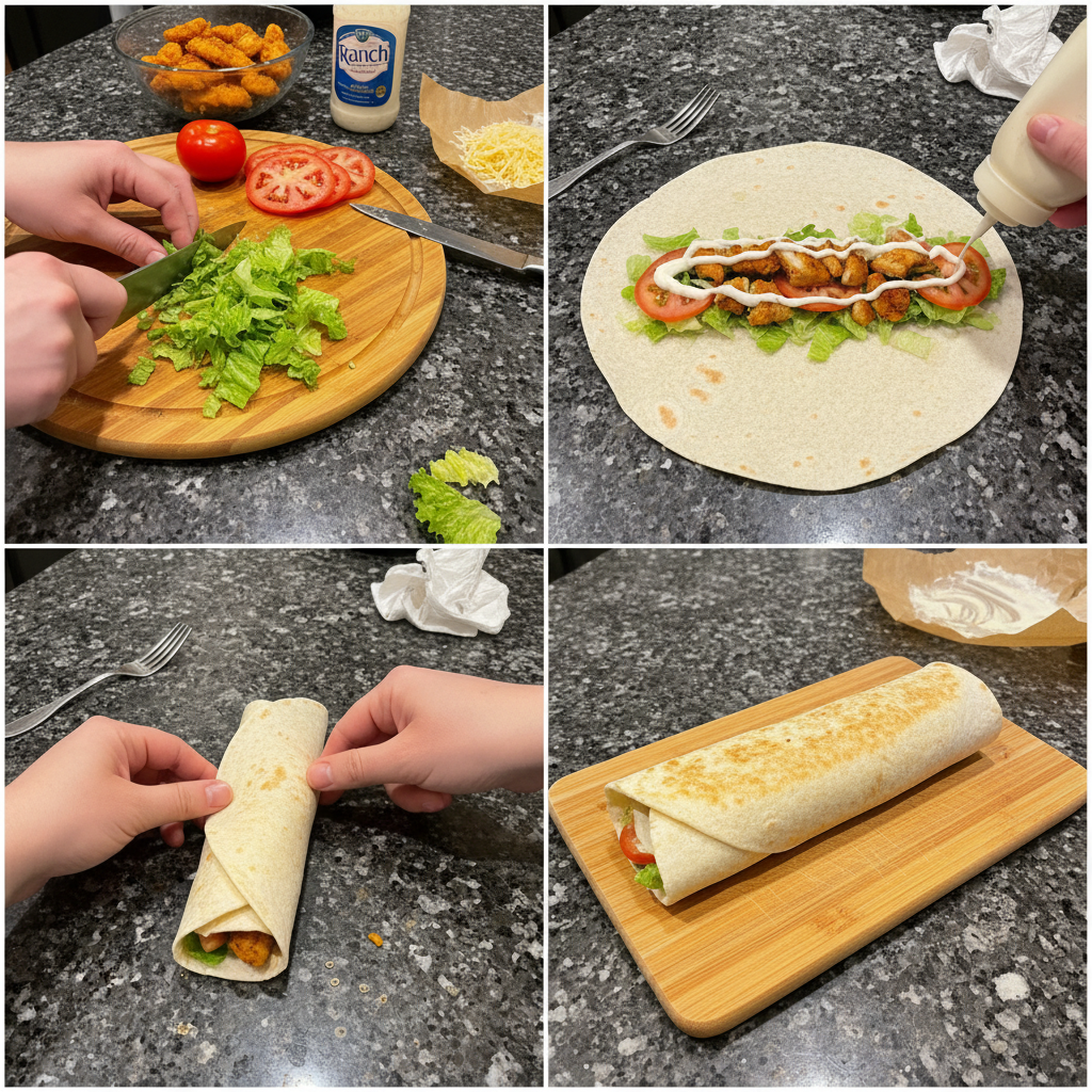 crispy-chicken-wraps-prep-assembly Golden-fried chicken strips being added to a warm tortilla for making crispy chicken wraps.