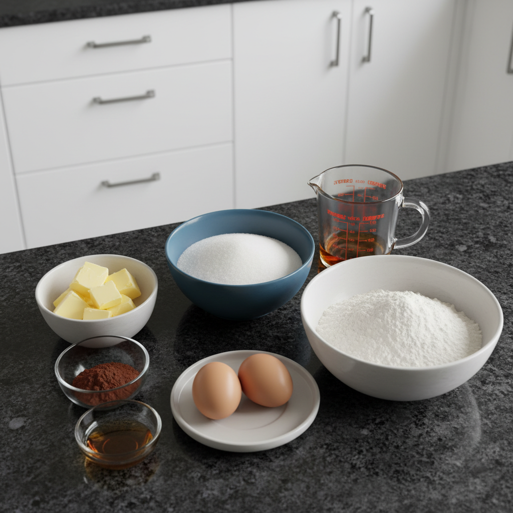 fudgy-brownie-recipe-ingredients A flat lay of fresh baking ingredients like cocoa powder, flour, sugar, and chocolate chips, ready for a fudgy brownie recipe.