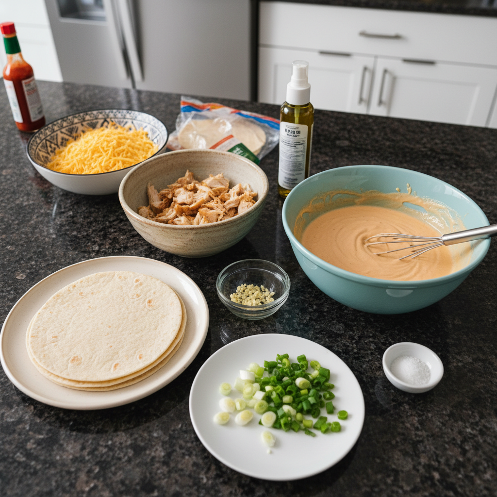 garlic-chicken-wraps-ingredients Fresh ingredients for making delectable garlic chicken wraps laid out on a rustic wooden board.