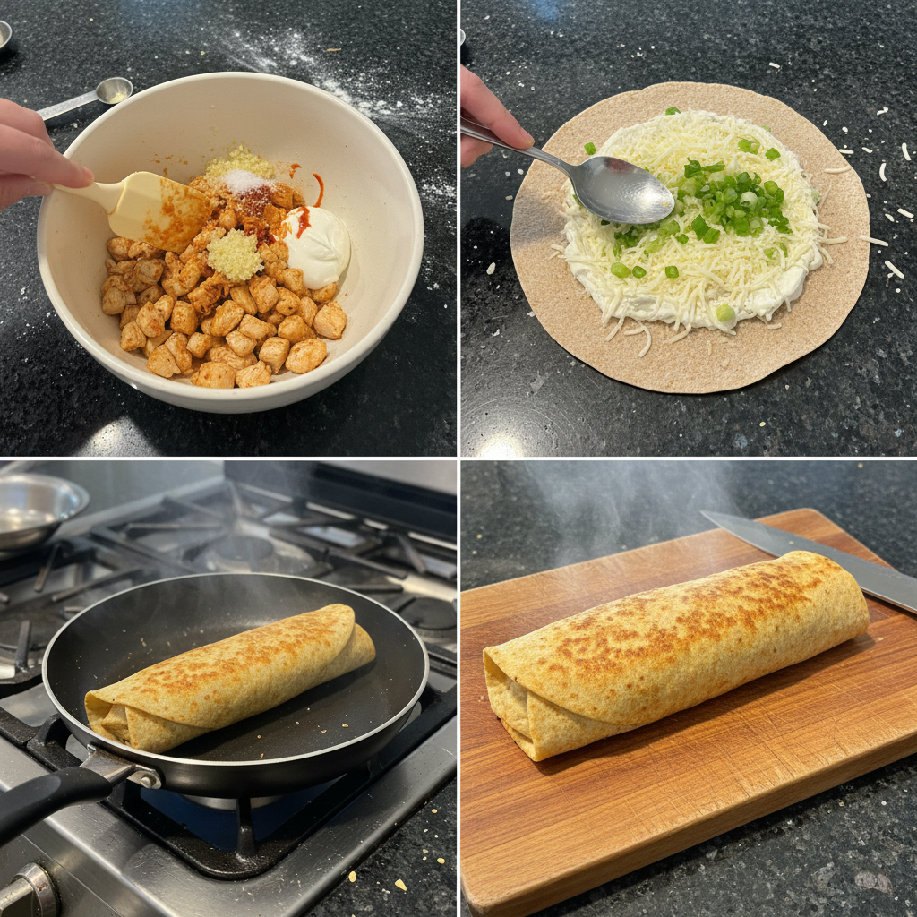 garlic-chicken-wraps-prep-steps Hands assembling fresh garlic chicken wraps, showing the filling being placed into a warm tortilla.