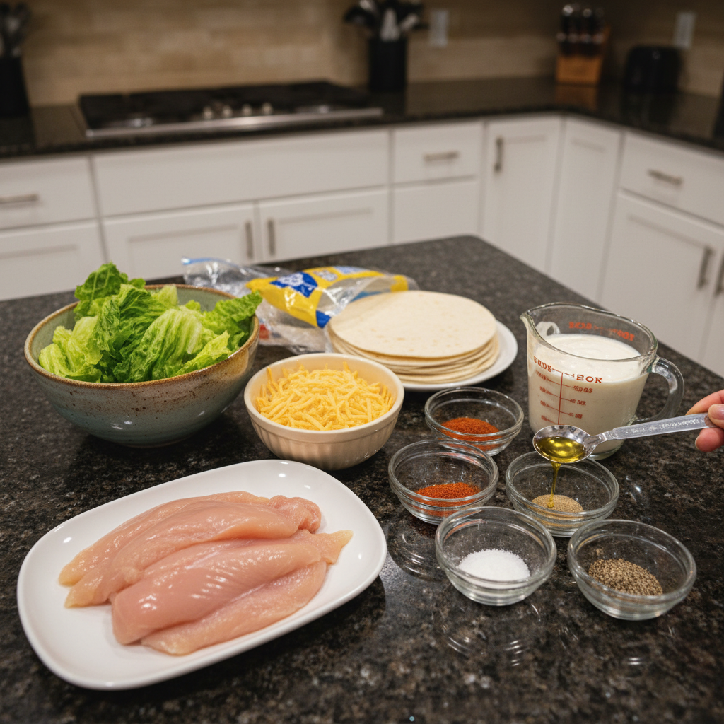 grilled-chicken-wraps-ingredients Fresh ingredients neatly arranged for making grilled chicken wraps, including chicken breast, tortillas, and colorful vegetables.