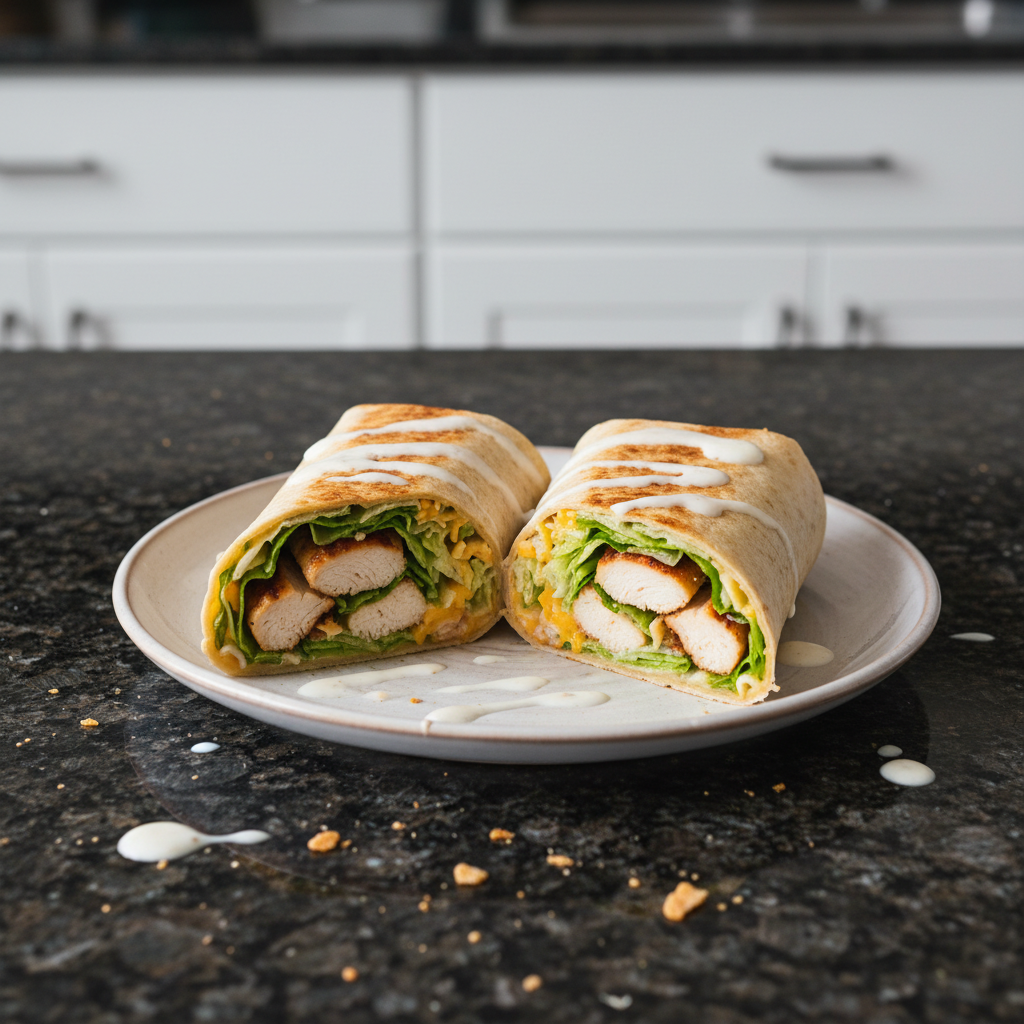 A close-up of a perfectly golden grilled chicken wrap, sliced in half, showing fresh ingredients and a creamy sauce.