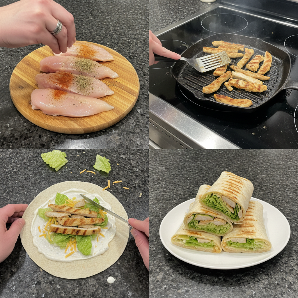 grilled-chicken-wraps-prep Hands assembling a grilled chicken wrap on a cutting board, layering tender chicken and crunchy vegetables into a tortilla.